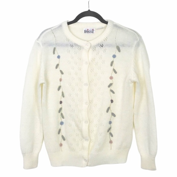 Vintage Trissi Ivory Floral Eyelet Knit Cardigan - Picture 1 of 6